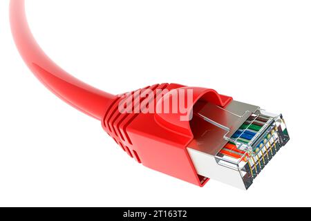 Rotes LAN-Kabel, 3D-Rendering isoliert auf weißem Hintergrund Stockfoto