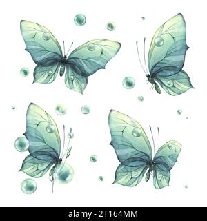 Blaue, türkisfarbene Schmetterlinge mit einem wunderschönen Muster auf den Flügeln, die mit Taublasen fliegen. Aquarellillustration handgezeichnet. Gruppe von isolierten Stockfoto