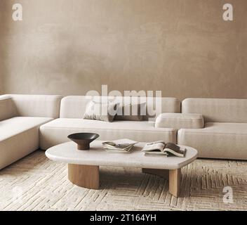 Boho beige Wohnzimmer mit Palmenpflanzen und Dekor - Teppichhintergrund. Helles modernes japanisches Naturpanorama. 3D-Rendering. Hochwertige 3D-Illustration Stockfoto