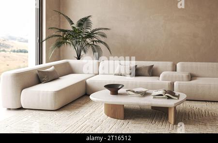 Boho beige Wohnzimmer mit Palmenpflanzen und Dekor - Teppichhintergrund. Helles modernes japanisches Naturpanorama. 3D-Rendering. Hochwertige 3D-Illustration Stockfoto