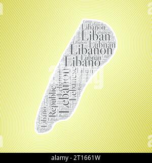 Libanesische Form, die durch den Ländernamen in mehreren Sprachen gebildet wird. Libanon-Grenze auf stilvollem gestreiftem Hintergrund mit Farbverlauf. Lebendiges Poster. Stock Vektor
