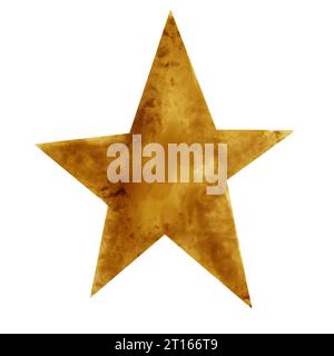 Aquarellillustration eines Weihnachtsgoldensterns auf einem Weihnachtsbaum. Weihnachtsstern, Weihnachtsdekoration, goldene Weihnachtsbaumdekoration, Tradition Stockfoto