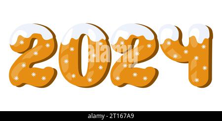 2024 Ein Happy New Year Konzept, Zahlen aus Lebkuchenkeksen mit Glasur und Schneeflocken, Vektorillustration Stock Vektor