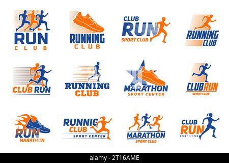 Marathonlauf-Sportlegende mit Läufern von Vektorsportlern. Farbige Silhouetten von Läufern, Turnschuhen und Star-Symbole wie Joggen, Laufen, Marathon oder Sprint, Fußrennen-Wettkampf-Zeichen Stock Vektor