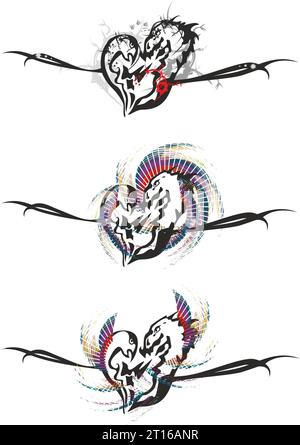 Verzierte Herzen, die von Drachen- und Adlerelementen auf weiß geschaffen wurden. Stammessymbole der Liebe zu Emblemen, Stickereien, Stoffen, Drucken, Modetrends, Aufkleber Stockfoto