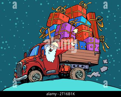 Weltweiter Geschenkversand mit bestem Service. Die Atmosphäre des Dezember und die bevorstehenden Feiertage. Der Weihnachtsmann fährt sein Auto mit Geschenken und winkt. Stock Vektor