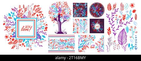 Set mit grafischen Blumenelementen und Blumensträußen. Handzeichnung. Nicht KI, Illustrat3. Vektorabbildung Stock Vektor