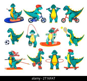 Set mit niedlichen Baby-Wasserfarben Sport Dinosaurier. SUP Board, Skateboard, Ski, Snowboard, Fahrrad, Balance Bike, Fußball, Tennis, Rollerblade, Sprungseil Stockfoto