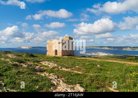 Marfa Ridge, Mellieha, Malta - 8. Januar 2023: Britische Armee Pillbox auf dem Marfa Ridge mit Blick auf den Gozo Channel und die Gozo Island. Stockfoto