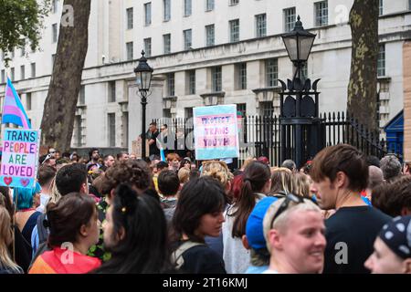 London, Großbritannien. Oktober 2023. Menschen nahmen an der Trans Pride 2023 Teil, wo Aktivisten, LGBTQ-Unterstützer und Verbündete für die Trans-Rechte protestierten. Fotografiert von Credit: Michael Tubi/Alamy Live News Stockfoto