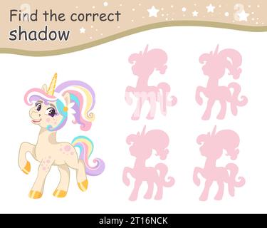 Suchen Sie den richtigen Schatten. Niedliches Cartoon-Einhorn mit Pferdeschwanz-Frisur. Pädagogisches Matching-Spiel für Kinder mit Zeichentrickfigur. Aktivität, Logik Stock Vektor