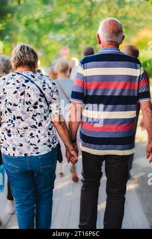 Seniorenpaar Hand in Hand im Park spazieren. Glückliches, aktives Seniorenpaar, das draußen läuft und Hände hält. Pensioniertes Paar, das Hände hält und geht Stockfoto