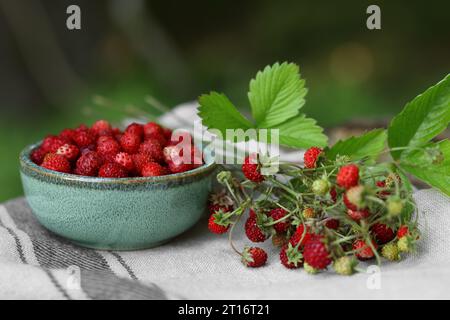 Schüssel und leckere wilde Erdbeeren auf Tuch vor verschwommenem Hintergrund Stockfoto