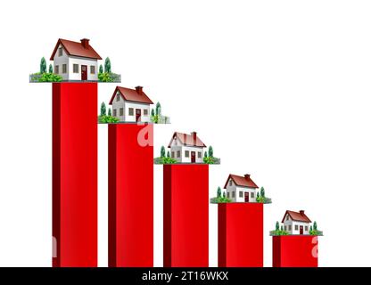 Sinkender Immobilienrückgang auf dem Heimatmarkt und sinkende Preise und ein Einbruch der Immobilienwerte als Einbruch der Immobilienpreise und Hypothekenkrise Stockfoto