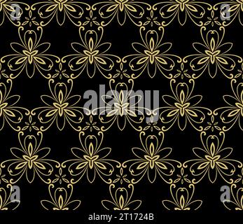 Blumenschmuck. Nahtloser abstrakter schwarzer und goldener klassischer Hintergrund mit Blumen. Verzierung für Stoff, Tapeten und Verpackungen Stockfoto