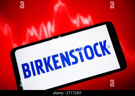 Ukraine. Oktober 2023. In dieser Abbildung ist das Birkenstock-Logo auf einem Smartphone-Bildschirm zu sehen. (Foto von Pavlo Gonchar/SOPA Images/SIPA USA) *** ausschließlich für redaktionelle Nachrichten *** Credit: SIPA USA/Alamy Live News Stockfoto