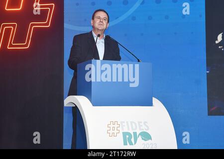 Rio de Janeiro, Brasilien, 25. September 2023. Eduardo Paes, Bürgermeister der Stadt Rio de Janeiro, fand im Rahmen DES FIDESDIENSTES 2023 im Windsor Hotel statt. Stockfoto