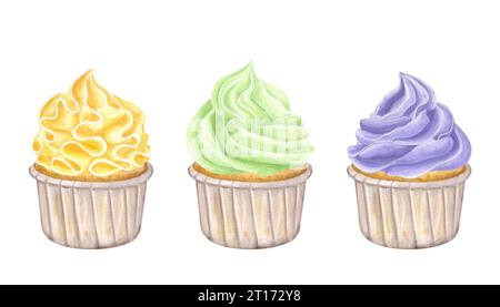 Bannerset mehrfarbige Cupcakes Muffins orange, grün, lila. Süße Schlagsahne. Handgezeichnete Aquarellillustration isoliert auf weißem Hintergrund Stockfoto