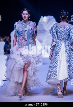 Neu-Delhi, Indien. Oktober 2023. Models zeigen Kreationen des indischen Designers Samant Chauhan während der Lakme Fashion Week x FDCI in Neu-Delhi, Indien, 11. Oktober 2023. Quelle: Javed Dar/Xinhua/Alamy Live News Stockfoto