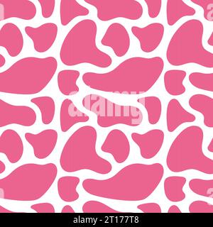 Rosafarbenes Kuhmuster mit nahtlosem Giraffen-Muster. Vektor Hand gezeichnete Zeichentrickillustration. Kuhflecken im Doodle-Stil. Flaches Design. Der Safari-Print ist in Blöcken Stock Vektor