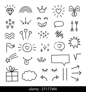 Handgezeichnetes Doodle-Elemente-Set. Dunkles Design. Zeichentrickillustrationen auf schwarzem Hintergrund. Neonelemente. Von Hand gezeichnete abstrakte Formen. Herzkritzel, r Stock Vektor