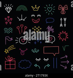Handgezeichnetes Doodle-Elemente-Set. Dunkles Design. Zeichentrickillustrationen auf schwarzem Hintergrund. Neonelemente. Von Hand gezeichnete abstrakte Formen. Herzkritzel, r Stock Vektor