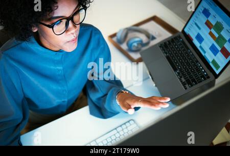 Frau mit Computer, Büro und Überprüfung von Zeitplan, Agenda und Erinnerung für die Verwaltung. Online-Kalender, Kalender und Laptop-Bildschirm, Mädchen am Schreibtisch Stockfoto