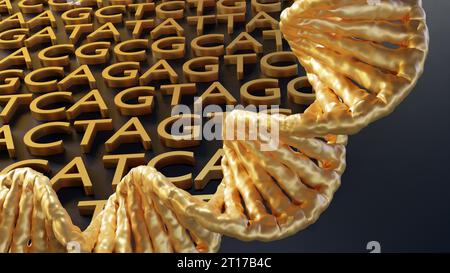 Hintergrund der goldenen ATGC-Buchstaben. Adenin, Thymin, Cytosin und Guanin sind die vier Nukleotide, die in der DNA gefunden werden Stockfoto