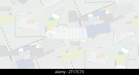 Das ganze Blatt Papier ausgemeißelt und die Stücke mit gerissenen Klemmen aufreißen. Gefütterte Notiz. Notizbuchpapiere mit Klebeband auf weiß geklebt. Nahtloses Muster für Pre Stock Vektor