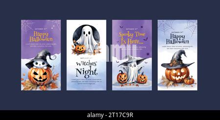 Set von Happy Halloween Party Einladung und Grußkarte Design Set für soziale Medien, Wasserfarbe Illustration, Vektor Illustration. Stock Vektor