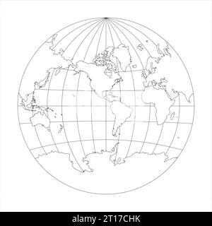 Vereinfachte Karte der Welt im Kreis fokussiert auf Amerika. Gitter für Breiten- und Längengrad. Van der Grinten-Projektion. Abbildung des Drahtmodellvektors mit dünner schwarzer Linie Stock Vektor