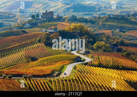 Blick von oben auf die Landstraße durch farbenfrohe herbstliche Weinberge auf den Hügeln von Langhe im Piemont, Italien. Stockfoto