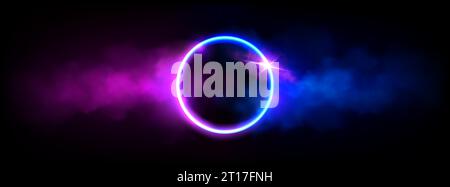 Leuchtring in Neon mit Wolke oder Rauch und Glitzern. Realistischer Vektor des LED-Lichtkreises mit leuchtendem rosa und blauem Nebeleffekt auf dunklem Hintergrund. Magisches oder futuristisches Spielportal mit Dunst. Stock Vektor
