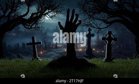 Halloween Hand von auferstandenen Toten aus dem Grab auf dem Friedhof, Grabkreuze, Zombies in der Nacht. 3D-Rendering Stockfoto