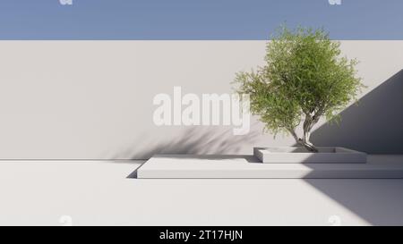 Minimalistischer Architekturbaum im Innenhof, umgeben von Wänden, blauer Himmel. 3D-Rendering Stockfoto