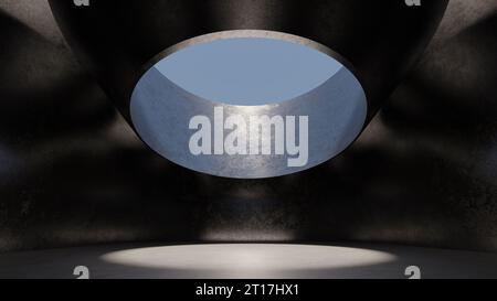 Abstraktes Podium Sonnenlicht in einem dunklen Raum, rundes Loch in der Decke, Stahlmetallwände. 3D-Rendering Stockfoto