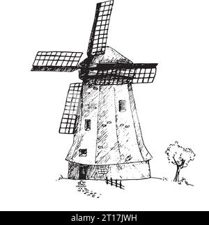 Vektorgraphische Darstellung der Windmühle. Schwarzweißskizze auf weißem Hintergrund. Geeignet für Logo, Backwaren und Geschenkpapier Stock Vektor