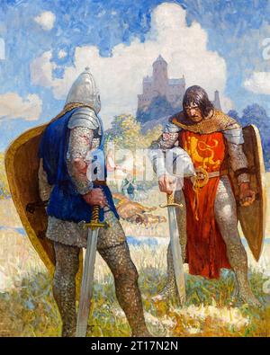 „I am Sir Launcelot du Lake, King Bans Sohn von Benwick und Ritter der Tafelrunde“ aus dem Gemälde „The Boy's King Arthur“ von Sidney Lanier (1842–1881) von Newell Convers Wyeth (1882–1945), das das Treffen zwischen Lancelot und Sir Turquine zeigt, das erstmals 1917 veröffentlicht wurde. Stockfoto