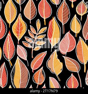 Blumenmuster Weiße Umrisse und Rot, Orange, gelbe Farbe Herbstblätter auf schwarzem Hintergrund, Tapetendesign für den Druck auf Mode Textil, Stoff, Verpackungspapier, Verpackung Stock Vektor