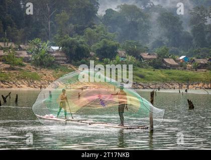 Ureinwohner im Royal Belum Perak verwenden Netze zum Fangen von Fischen Stockfoto