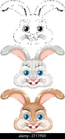 Drei Karikaturkaninchen mit langen Ohren und süßen Ausdrücken sind in einer Vektorillustration umrissen Stock Vektor