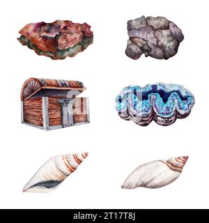 Sammlung von Muscheln, Felsen und Schatzkiste mit blauer Riesenmuschel. Unterwasser tropisches Korallenriff Set Aquarellillustration auf weißem Hintergrund Stockfoto