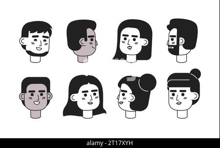 Multikulturelle Menschen glückliches schwarzes und weißes 2D-Vektor-Avatare-Illustrationsset Stock Vektor