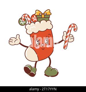 Weihnachtsstrumpf, süße Charaktere, die tanzen und lachen. Winterkleidung. Lutscher, Geschenke, Zuckerrohr. Modischer, alter Retro-Cartoon-Stil. Vintage Stock Vektor