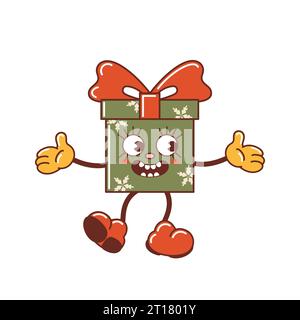 Weihnachtsgeschenk, süße Charakterbox mit Bogentanz und Lachen. Schneeflocken. Modischer, alter Retro-Cartoon-Stil. Vintage-Feiertagsillustration, Stock Stock Vektor