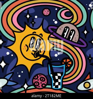 Trendiges Retro-Muster im Cartoon-Stil der 90er Jahre. Naiver, verspielter Space-Print, Comic-Charakter mit Sonne, Regenbogen und Planeten. Y2K Groovy funky Vektor Illustration. Stock Vektor