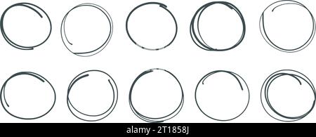 Handgezeichnetes Kreis-Doodle-Set. Vektortinte kreisförmiges Elementbündel. Runder Rahmen zum Hervorheben, Clip Art Vektor Illustration Stock Vektor