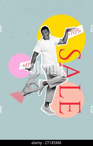 Vertikale Foto-Illustration lustige junge Mann Collage Vorlage Boogie Woogie Tänzer Rhythmus niedrige Preise Verkauf isoliert auf blauem Farbhintergrund Stockfoto