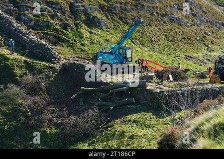 Die Arbeiten beginnen mit der Entfernung des umgeschlagenen Sycamore Gap Baumes an der Hadrian's Wall in Northumberland. Bilddatum: Donnerstag, 12. Oktober 2023. Stockfoto