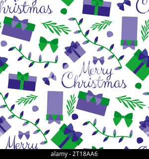 Merry Christmas nahtloses Muster. Textdesign, Geschenkbox, Girlande, Tannenzweig Geschenkpapier für Neujahrsferien. Saisonwiederholungsvorlage, fest Stock Vektor